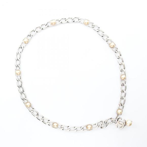 Chanel Coco Mark Metal Belt with Faux Pearls, Women's, Silver and White - Picture 1 of 7